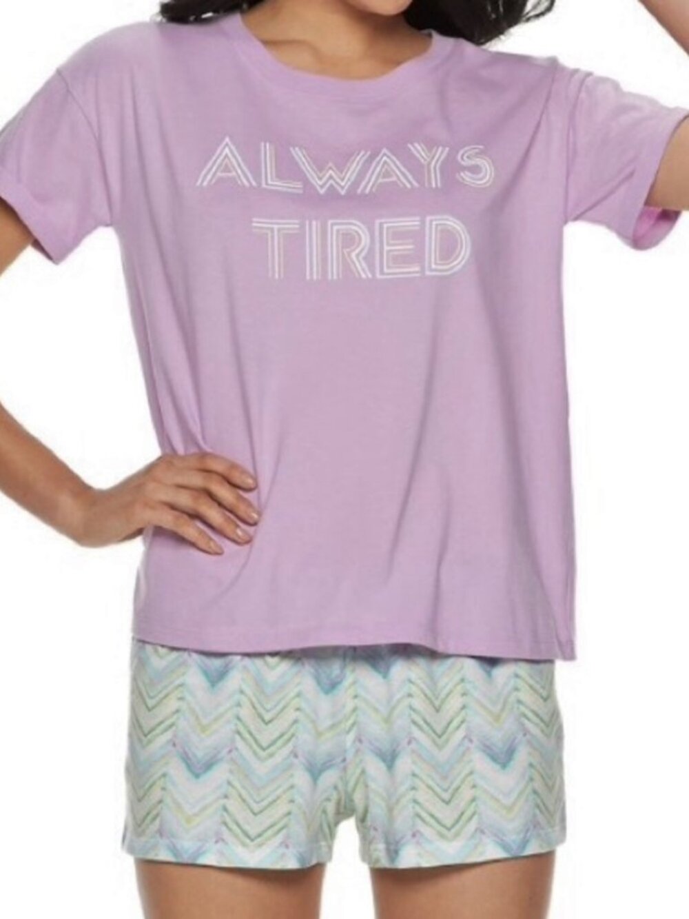 💜💜 NEW Womens SO purple "ALWAYS TIRED" Pajama Shorts Set L NWT Funny